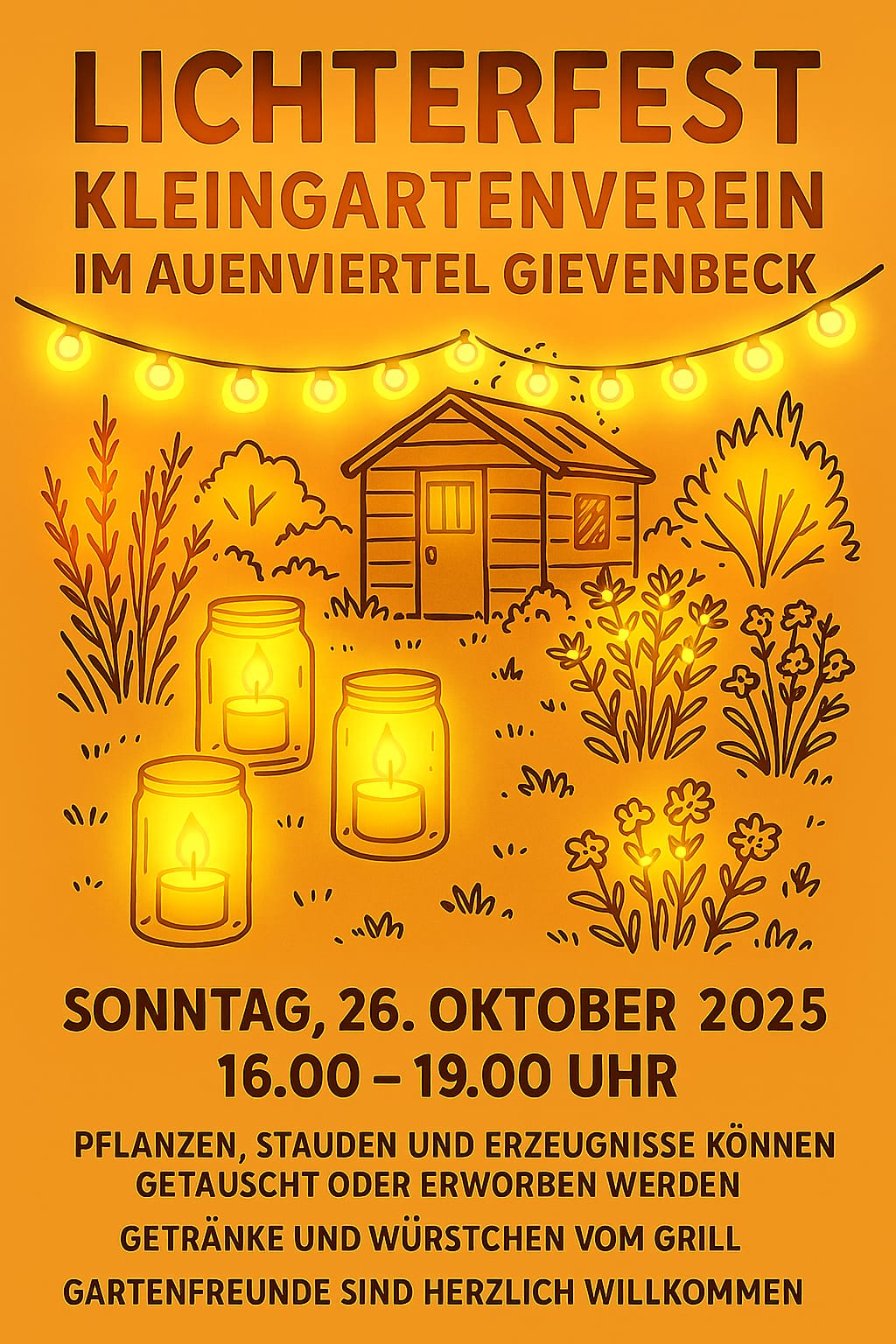 Orangefarbenes Plakat, das einen gezeichneten Kleingarten zeigt, der beleuchtet ist
